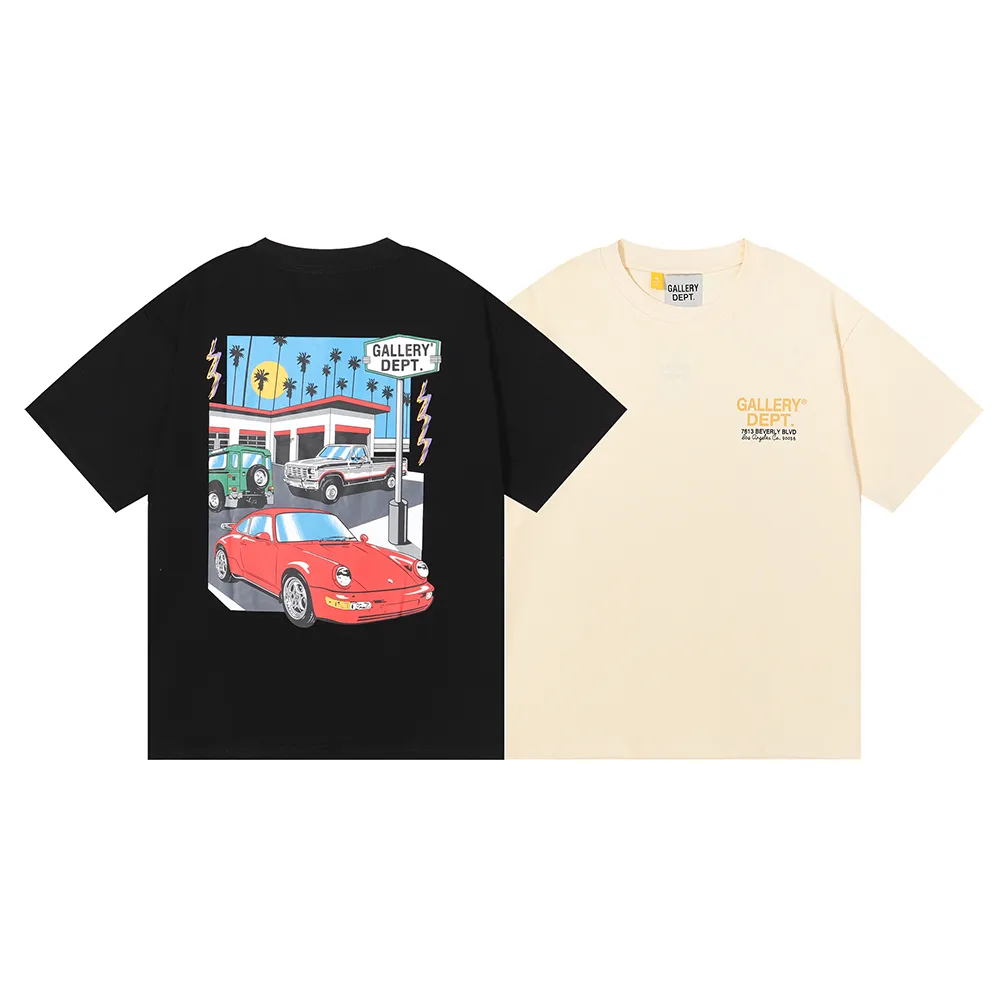 No. 6022, batch 104, niche beauty GALLERY DEPT painted car printing high street pure cotton double yarn short-sleeved T-shirt for men and women Color: black, apricot; Size: S M L XL